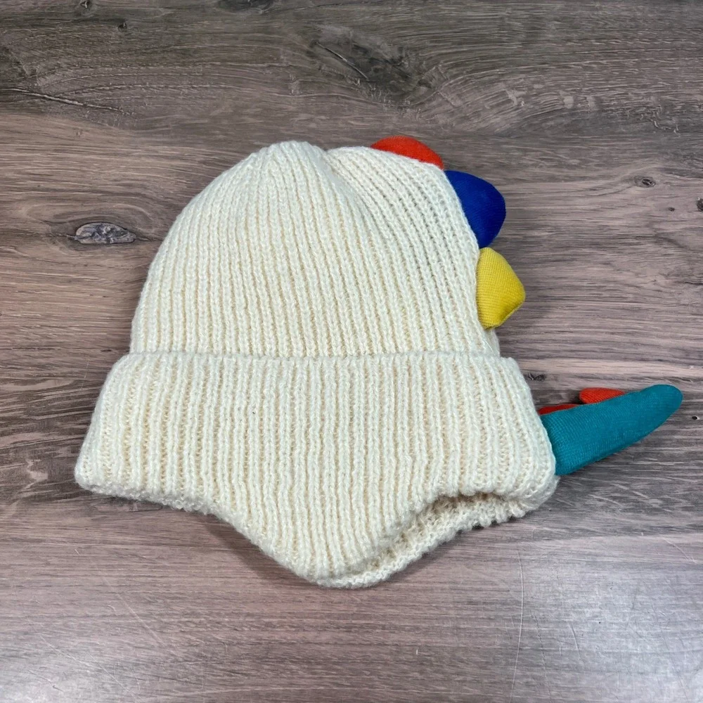 Dinosaur Beanie Kids OS Cream Teal 3D Spikes Thick Earflap Knit Hat